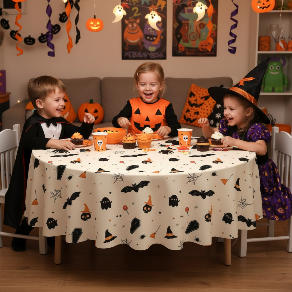 Children in costumes sitting at a round table with a Party Paradise Store Halloween table cover featuring ghost prints Main image