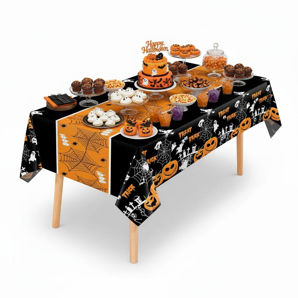 Party Paradise Store rectangular Halloween table cover featuring orange and black pumpkin, ghost, and spiderweb prints