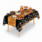 Party Paradise Store rectangular Halloween table cover featuring orange and black pumpkin, ghost, and spiderweb prints