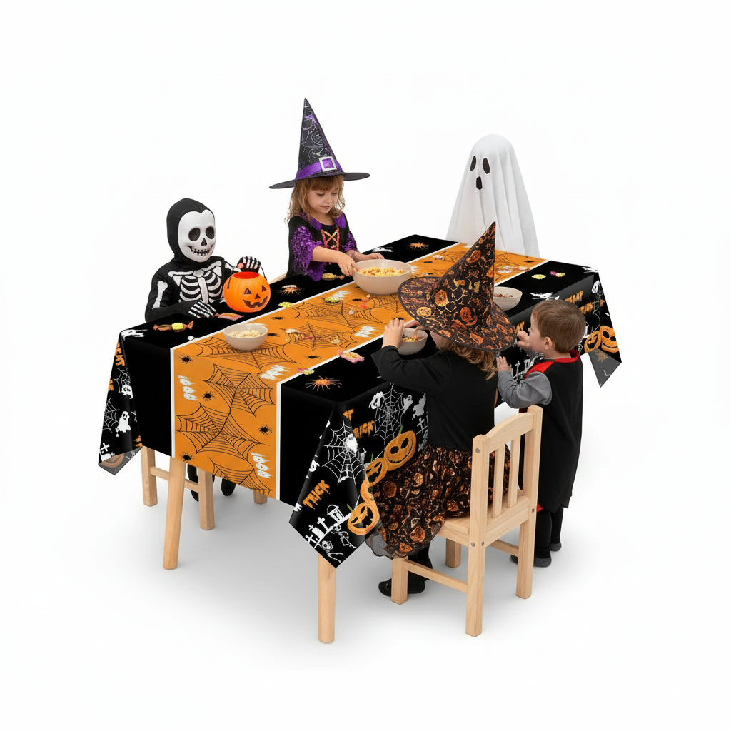 Party Paradise Store rectangular Halloween table cover with orange and black spiderweb and pumpkin print Main image