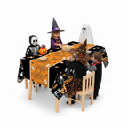 Party Paradise Store rectangular Halloween table cover with orange and black spiderweb and pumpkin print