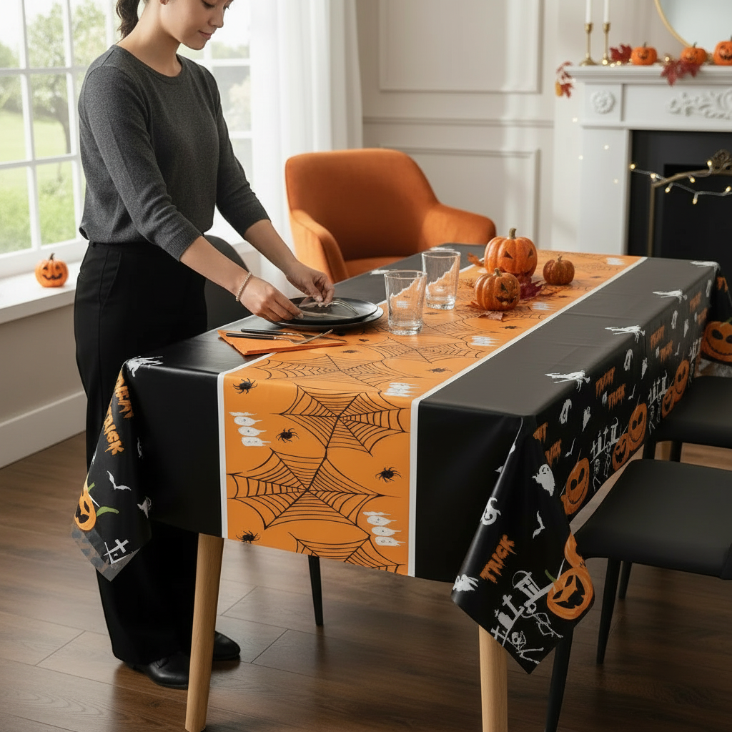 Party Paradise Store rectangular Halloween table cover with orange and black spiderweb and pumpkin print