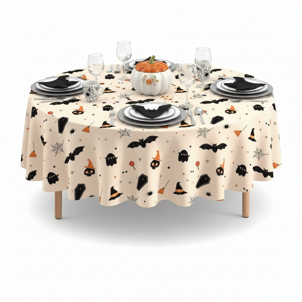 Party Paradise Store round Halloween table cover with festive bat, ghost, and pumpkin print on a cream background
