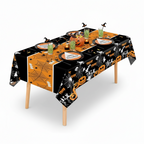 Party Paradise Store rectangular Halloween table cover featuring orange and black pumpkin, ghost, and spiderweb prints