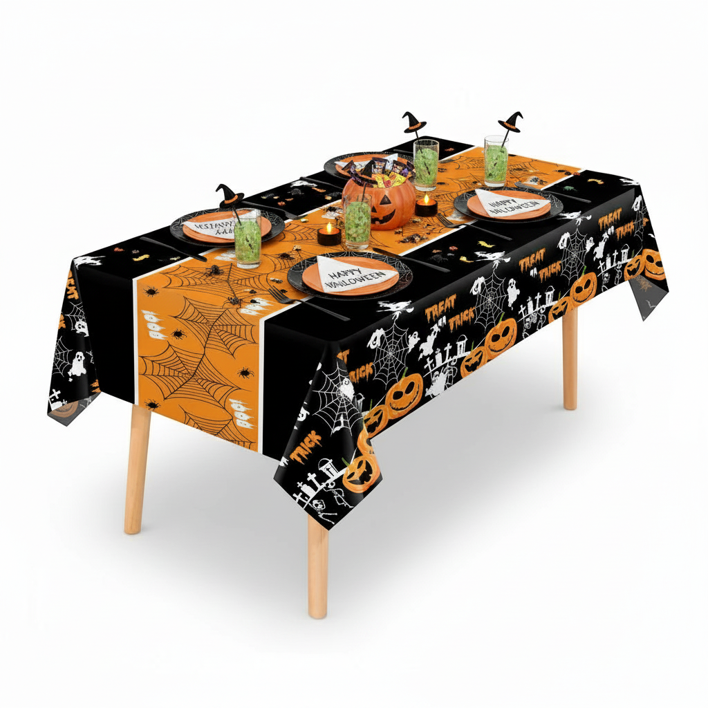 Party Paradise Store rectangular Halloween table cover featuring orange and black pumpkin, ghost, and spiderweb prints