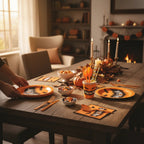 Party Paradise Store Halloween tableware set for 10 with orange plates, cups, and napkins on a festive dining table.
