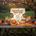 Party Paradise Store Halloween party tableware set with pumpkin plates, cups, napkins, and cutlery on an outdoor table.