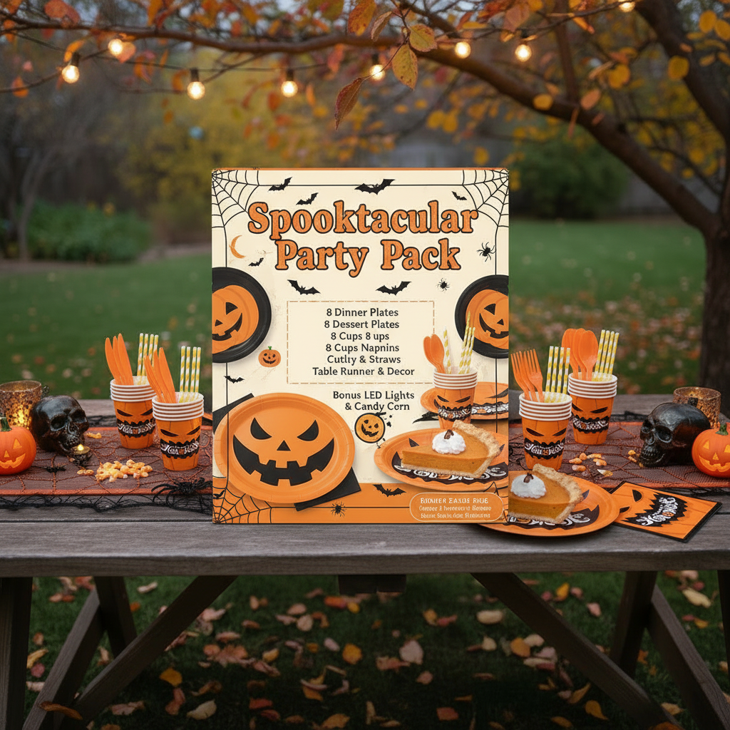 Party Paradise Store Halloween party tableware set with pumpkin plates, cups, napkins, and cutlery on an outdoor table.