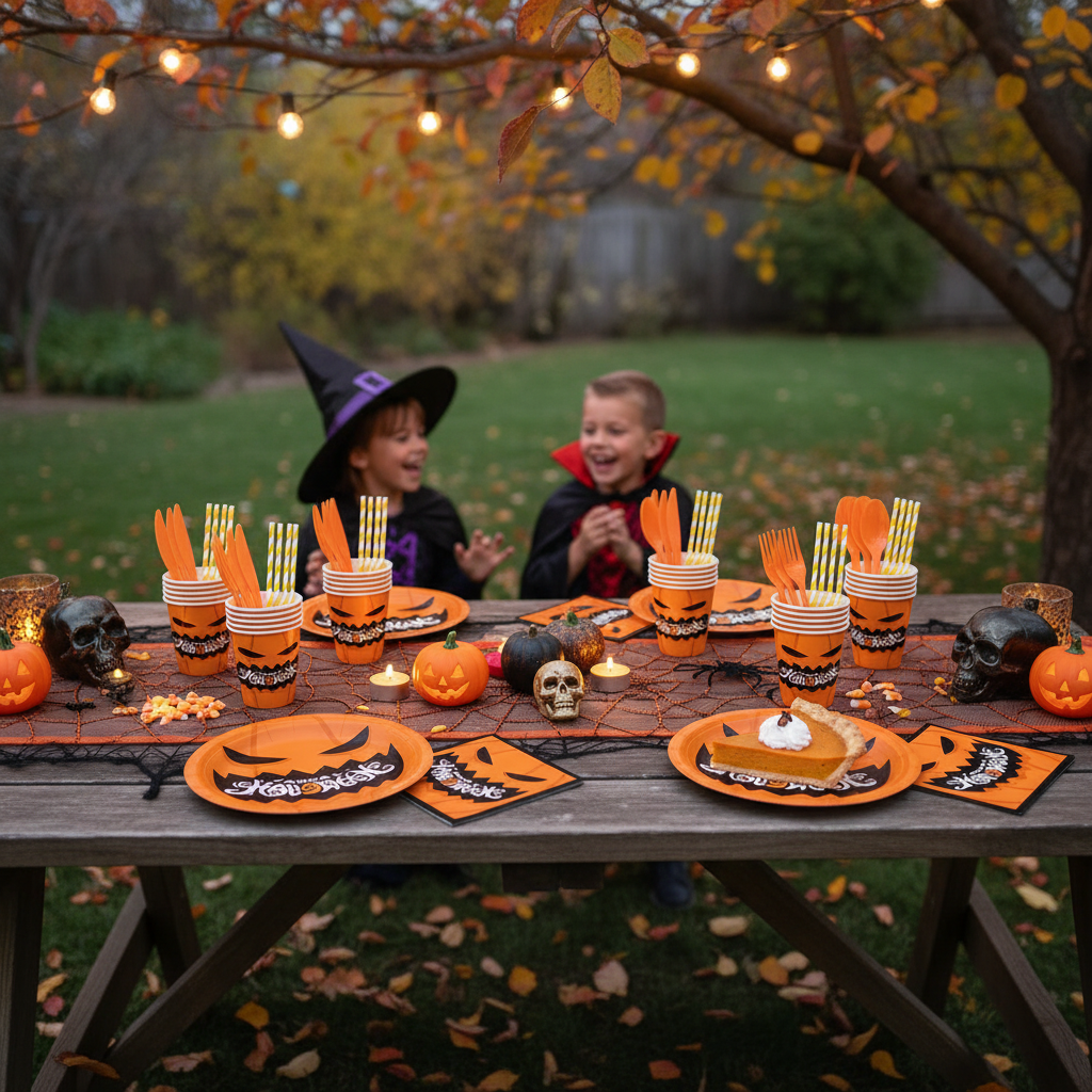 Party Paradise Store Halloween tableware set for 10 guests with orange pumpkin plates, cups, and napkins on a table.