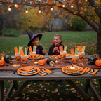 Party Paradise Store Halloween tableware set for 10 guests with orange pumpkin plates, cups, and napkins on a table.