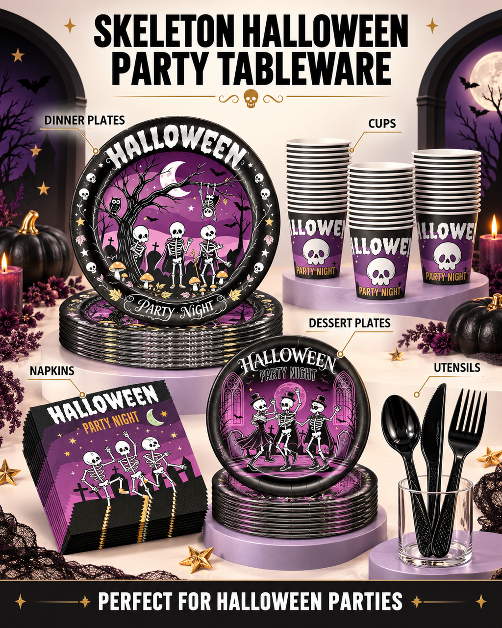 Party Paradise Store Halloween tableware set with skeleton plates, cups, and napkins in black and purple for 10 guests