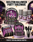 Party Paradise Store Halloween tableware set with skeleton plates, cups, and napkins in black and purple for 10 guests