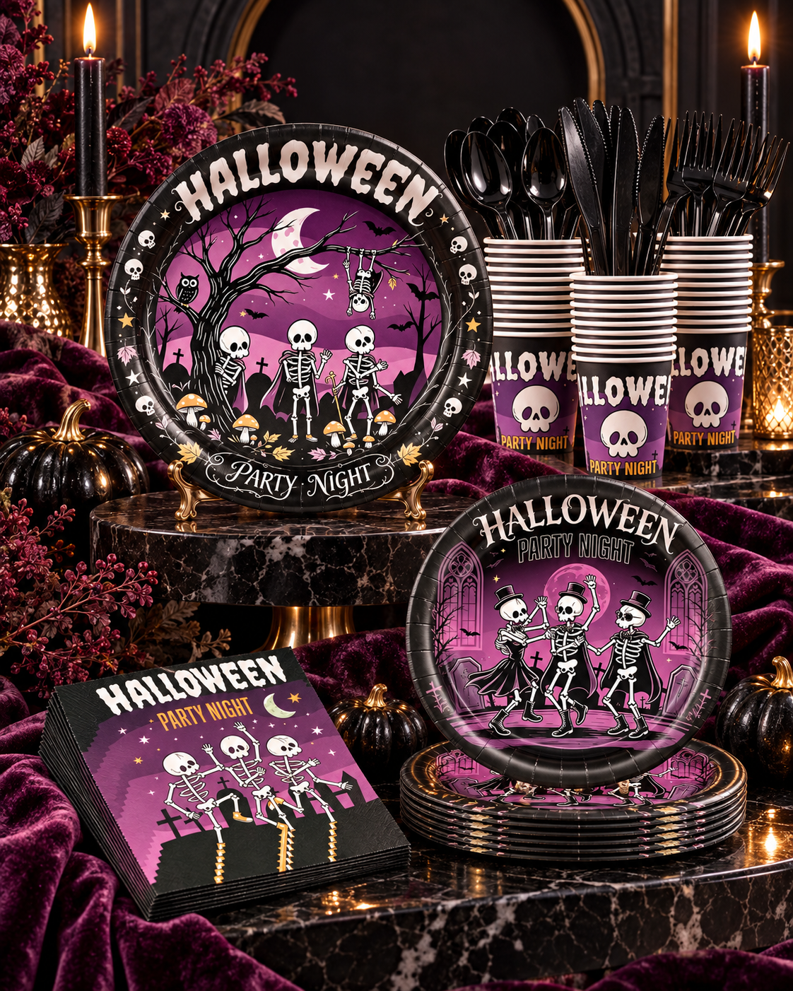 Halloween themed black and purple plate, cup, napkins set for 10 guests Secondary image