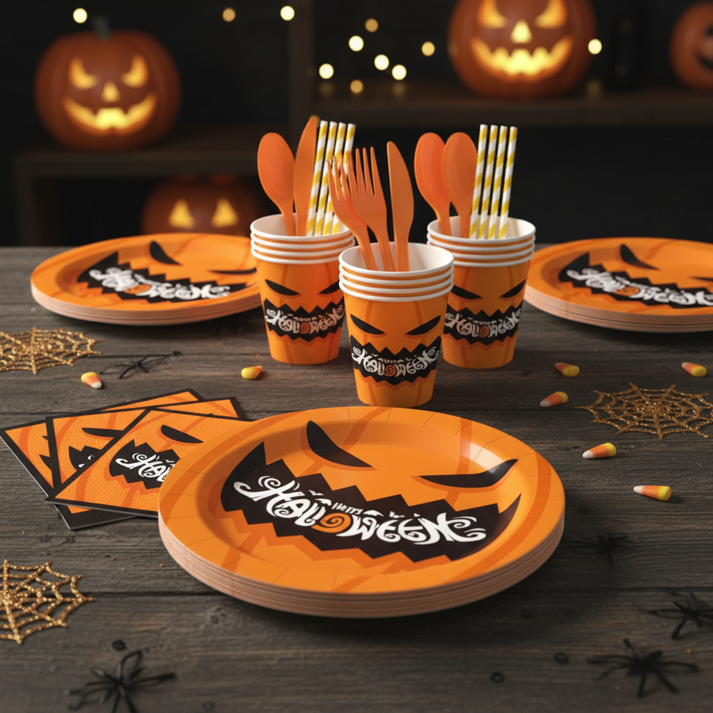 Party Paradise Store Halloween tableware set with jack-o'-lantern plates, cups, and orange cutlery on a wooden table.