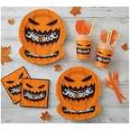 Party Paradise Store Halloween tableware set with pumpkin-faced plates, cups, napkins, and orange cutlery for 10 guests