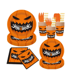 Party Paradise Store Halloween tableware set for 10 with pumpkin plates, cups, napkins, and orange cutlery.