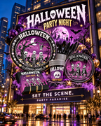 Party Paradise Store Halloween tableware set with black and purple plates, cups, and napkins featuring skeleton art.