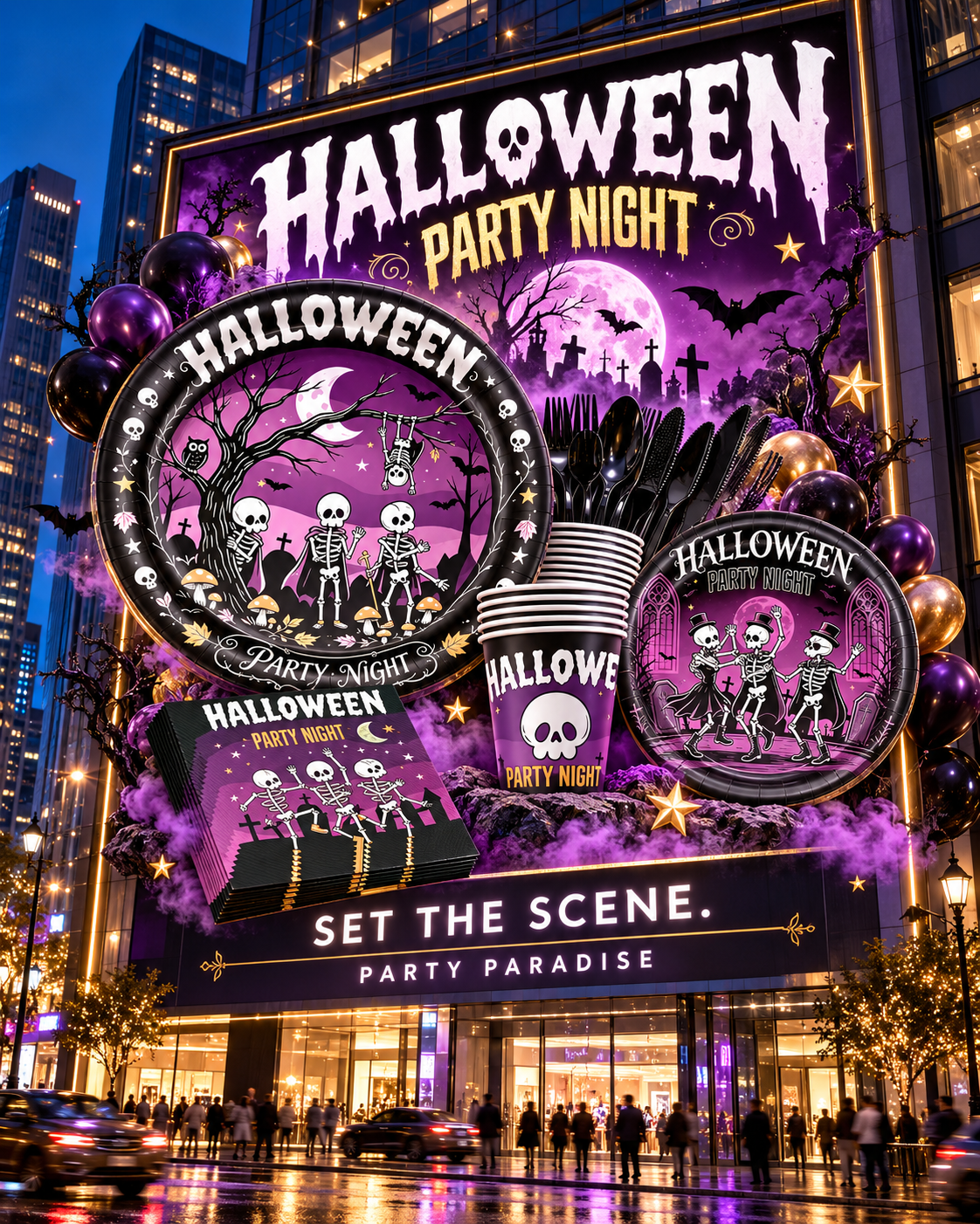 Party Paradise Store Halloween tableware set with black and purple plates, cups, and napkins featuring skeleton art.