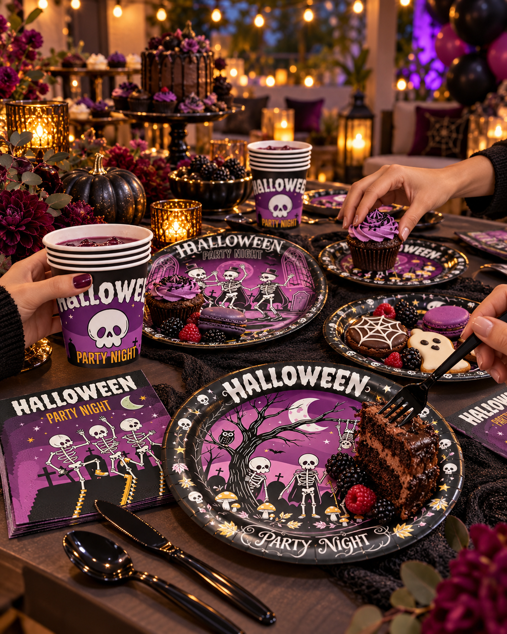 Party Paradise Store Halloween tableware set with black and purple plates, cups, and napkins featuring skeleton art.