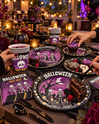 Party Paradise Store Halloween tableware set with black and purple plates, cups, and napkins featuring skeleton art.