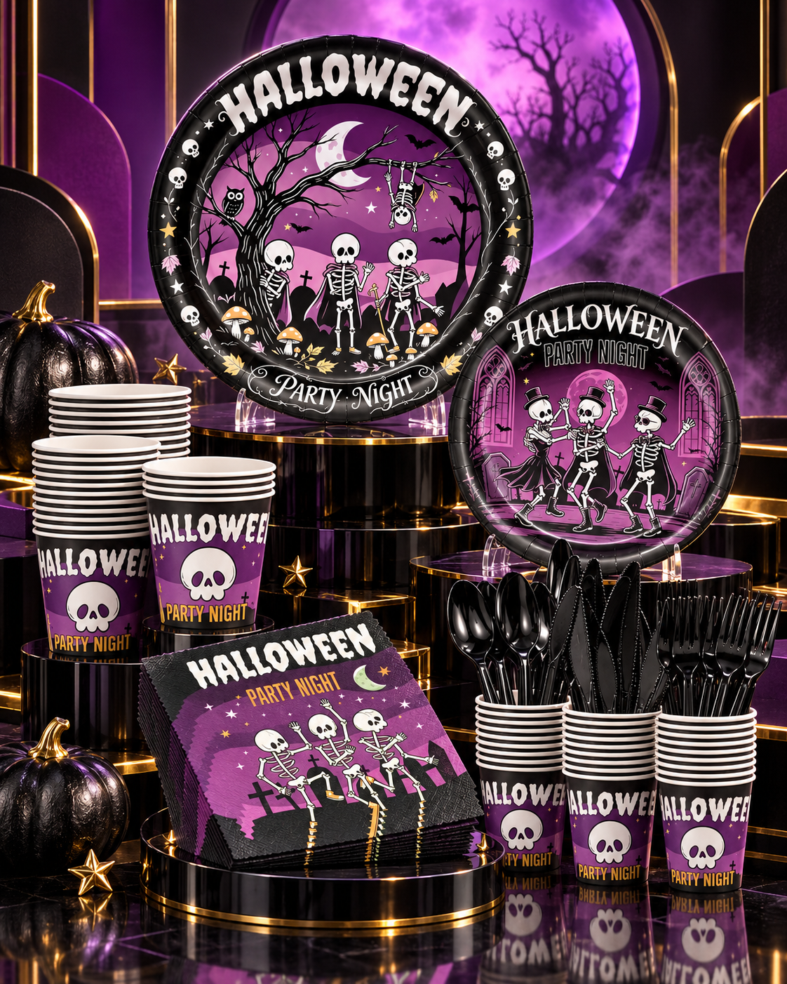 Party Paradise Store Halloween tableware set with black and purple plates, cups, napkins, and cutlery for 10 guests. Main image