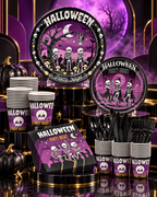 Party Paradise Store Halloween tableware set with black and purple plates, cups, napkins, and cutlery for 10 guests.