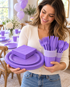 Party Paradise Store lavender purple disposable tableware set including plates, cups, napkins, and cutlery for parties.