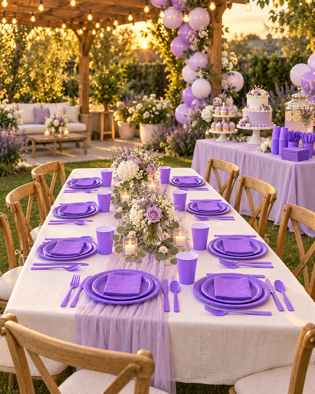 Party Paradise Store lavender purple disposable tableware set for 20 guests including plates, cups, and cutlery on table