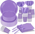 Party Paradise Store 141-piece lavender purple disposable tableware set with plates, cups, napkins, and cutlery