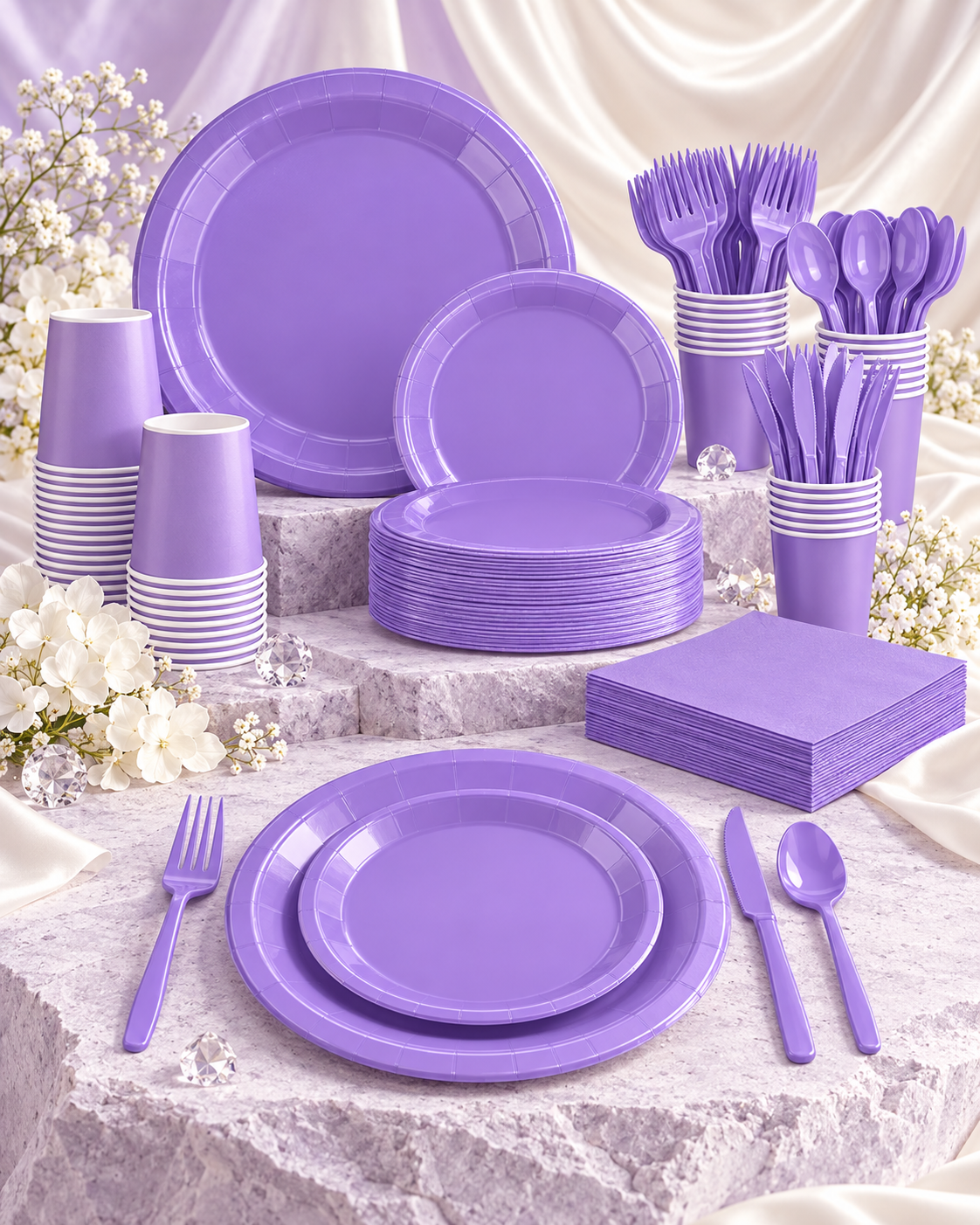 Party Paradise Store 141-piece lavender purple disposable tableware set with plates, cups, napkins, and cutlery for parties. Main image