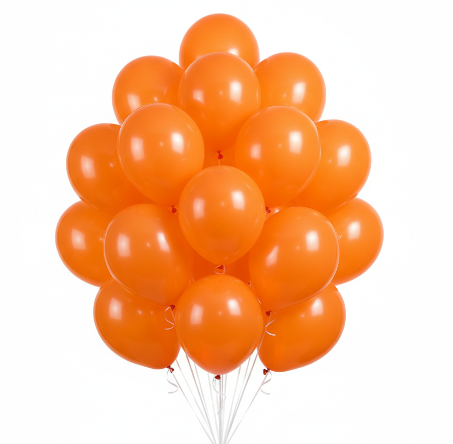 Party Paradise Store orange matte latex balloons in a 12-inch size, perfect for party decorations and events.