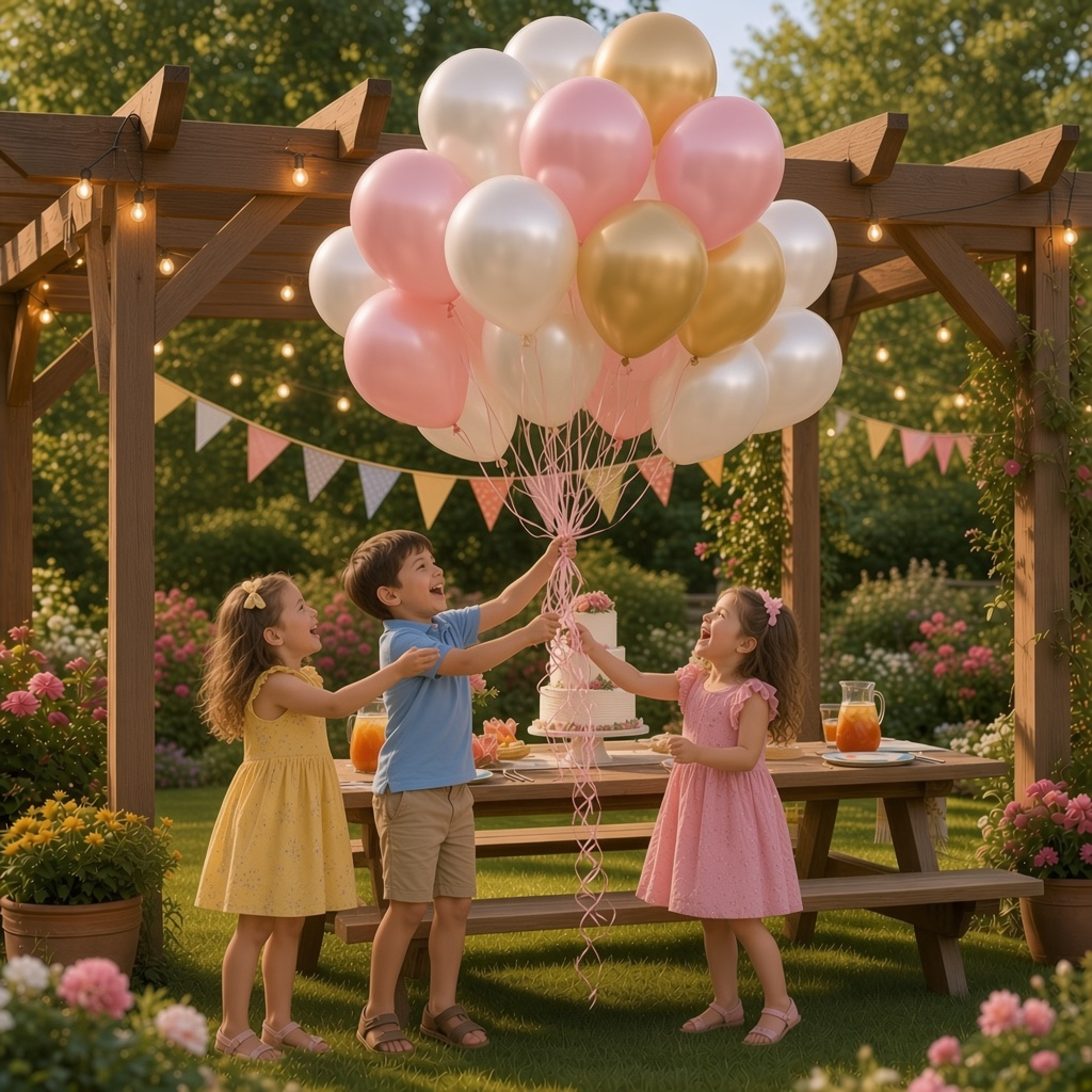 Party Paradise Store metallic latex balloons in white, pink, and gold held by children at an outdoor garden party.