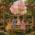 Party Paradise Store metallic latex balloons in white, pink, and gold held by children at an outdoor garden party.
