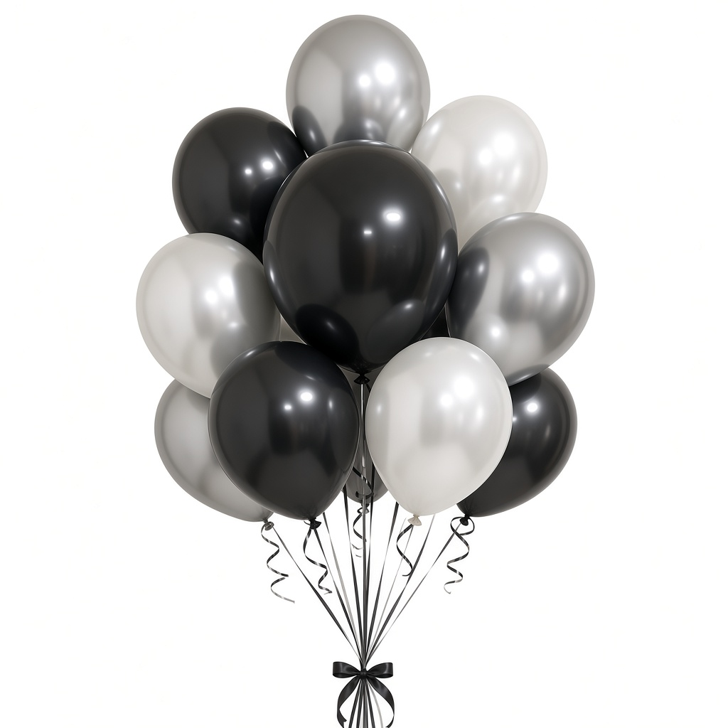 Party Paradise Store metallic black and silver latex balloons in a 12-inch bunch for party decorations