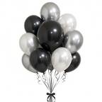Party Paradise Store metallic black and silver latex balloons in a 12-inch bunch for party decorations
