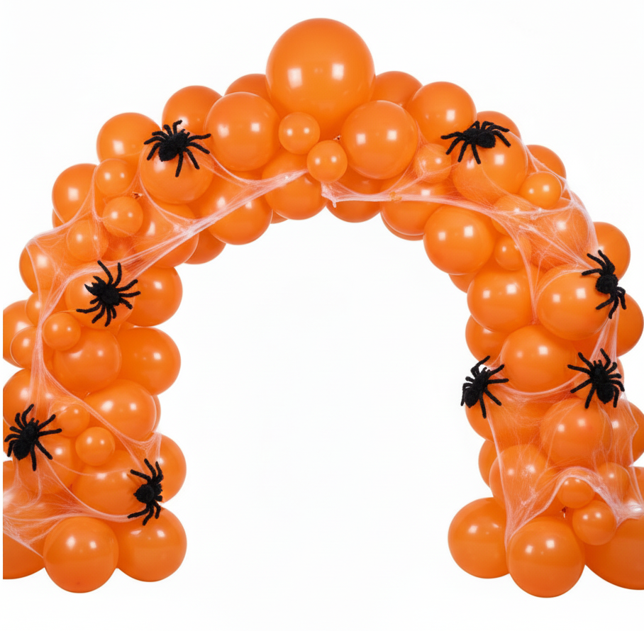 Party Paradise Store orange matte latex balloon arch decorated with artificial spider webs and black plastic spiders Main image