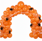 Party Paradise Store orange matte latex balloon arch decorated with artificial spider webs and black plastic spiders