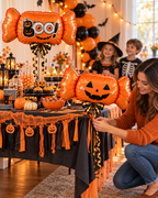 Party Paradise Store orange inflatable candy balloon with jack-o'-lantern face for Halloween party decoration