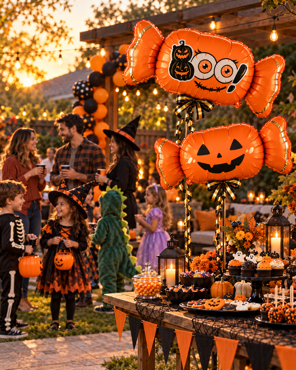 Party Paradise Store orange candy-shaped Halloween foil balloons with jack-o'-lantern and boo designs on a party table.