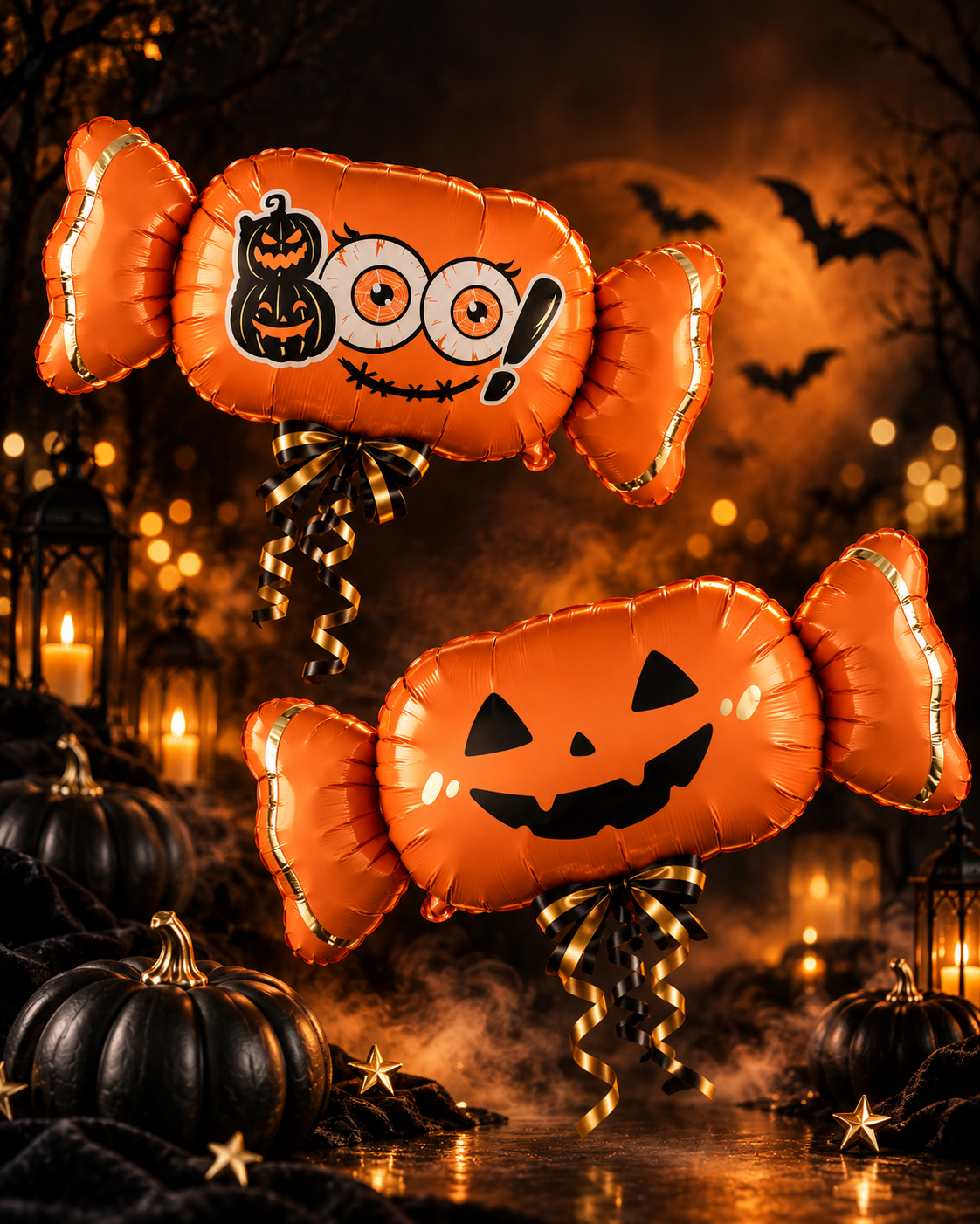 Party Paradise Store orange candy-shaped Halloween balloons with jack-o'-lantern and BOO designs in a spooky setting.