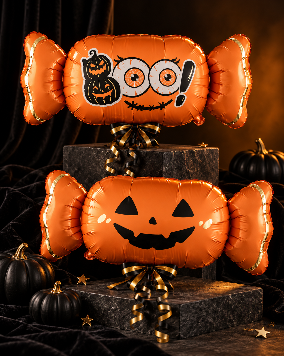 Party Paradise Store orange Halloween candy balloons with jack-o-lantern and boo designs on black stone pedestals
