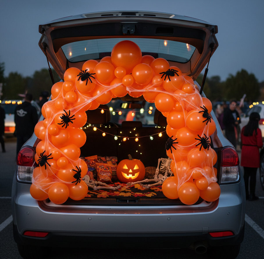Party Paradise Store orange matte latex balloon arch decorated with spider webs and spiders for a Halloween trunk-or-treat