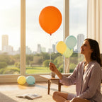 Party Paradise Store orange matte latex balloon held by a woman in a sunlit room with other balloons in the background