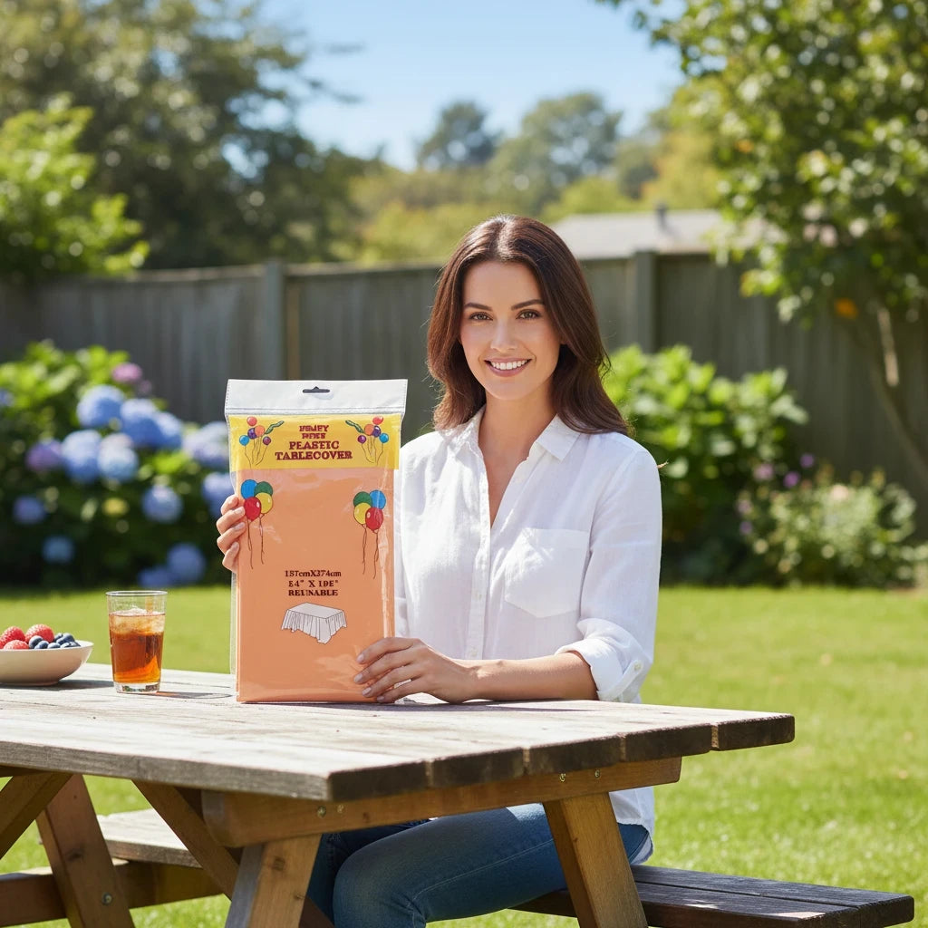 A woman holding a Party Paradise Store orange reusable plastic table cover package at an outdoor picnic table. Main image