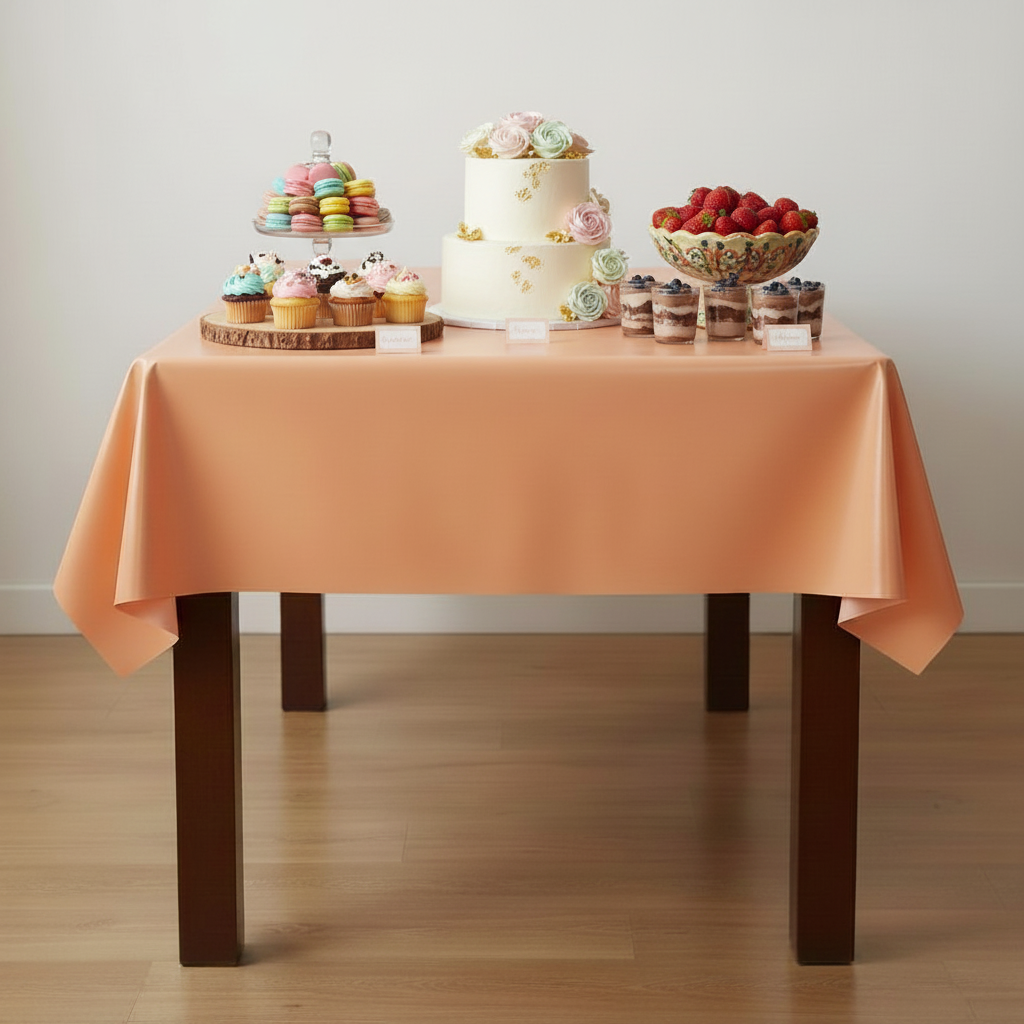 Party Paradise Store reusable orange plastic table cover on a dining table set with desserts for a party.