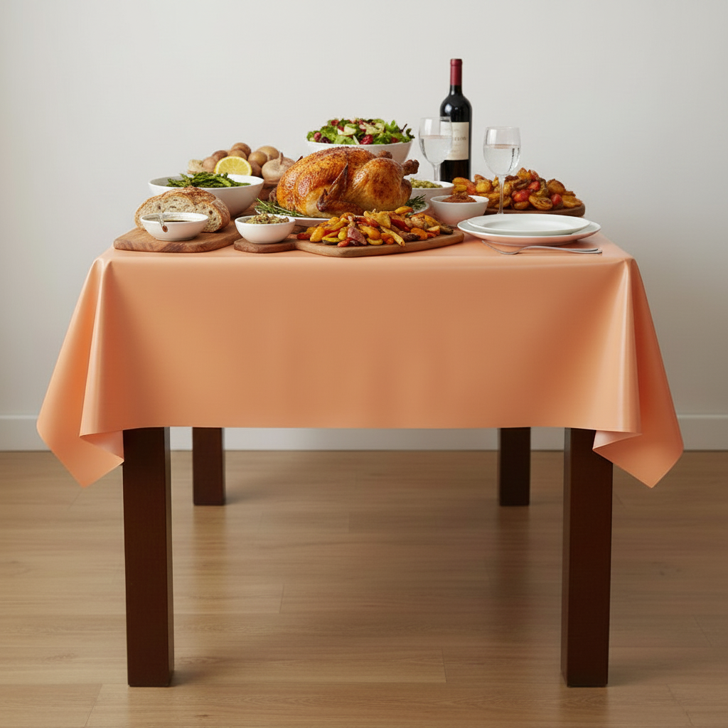 Party Paradise Store reusable orange plastic table cover on a dining table set with a festive meal