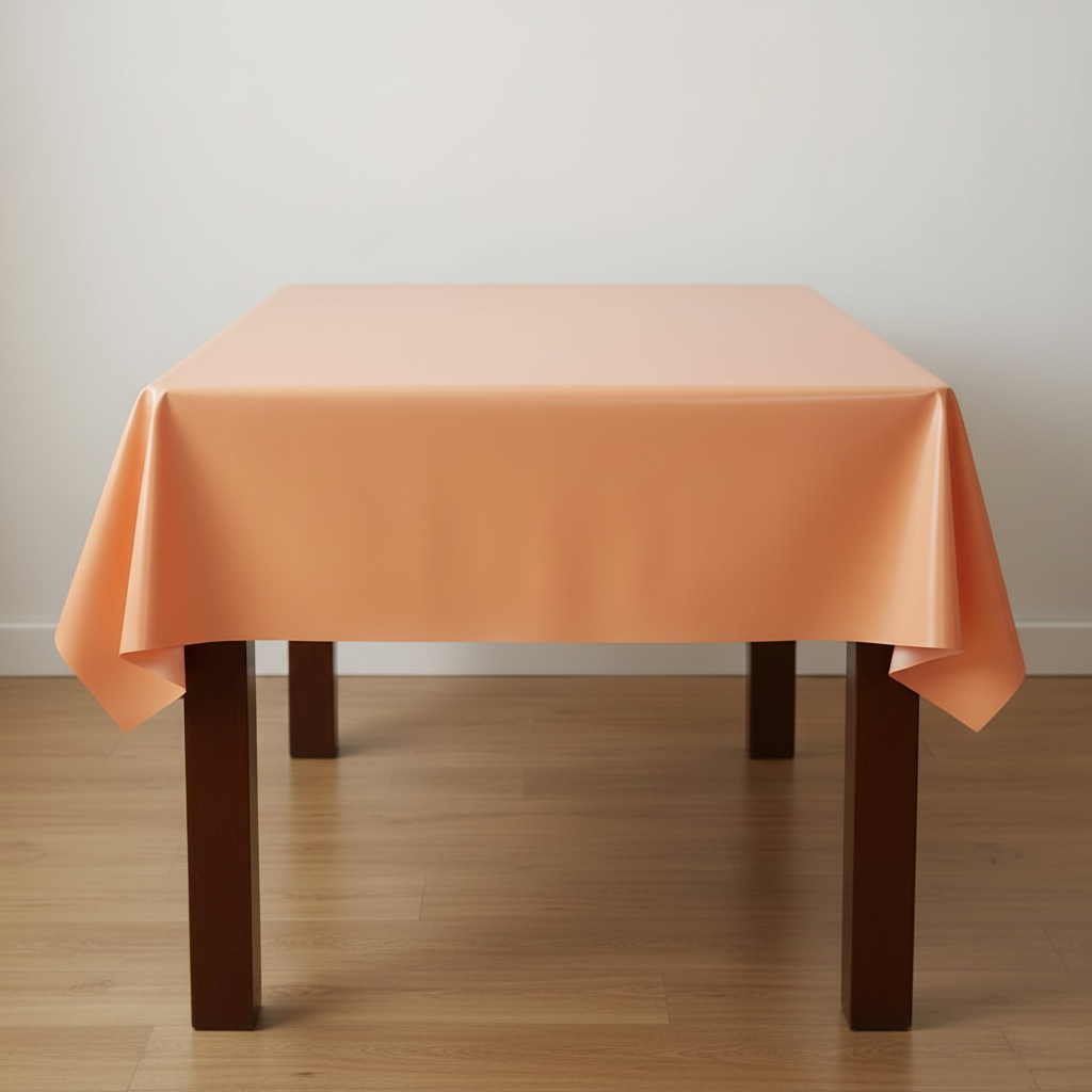 Party Paradise Store reusable orange plastic table cover draped over a wooden table for indoor or outdoor events.