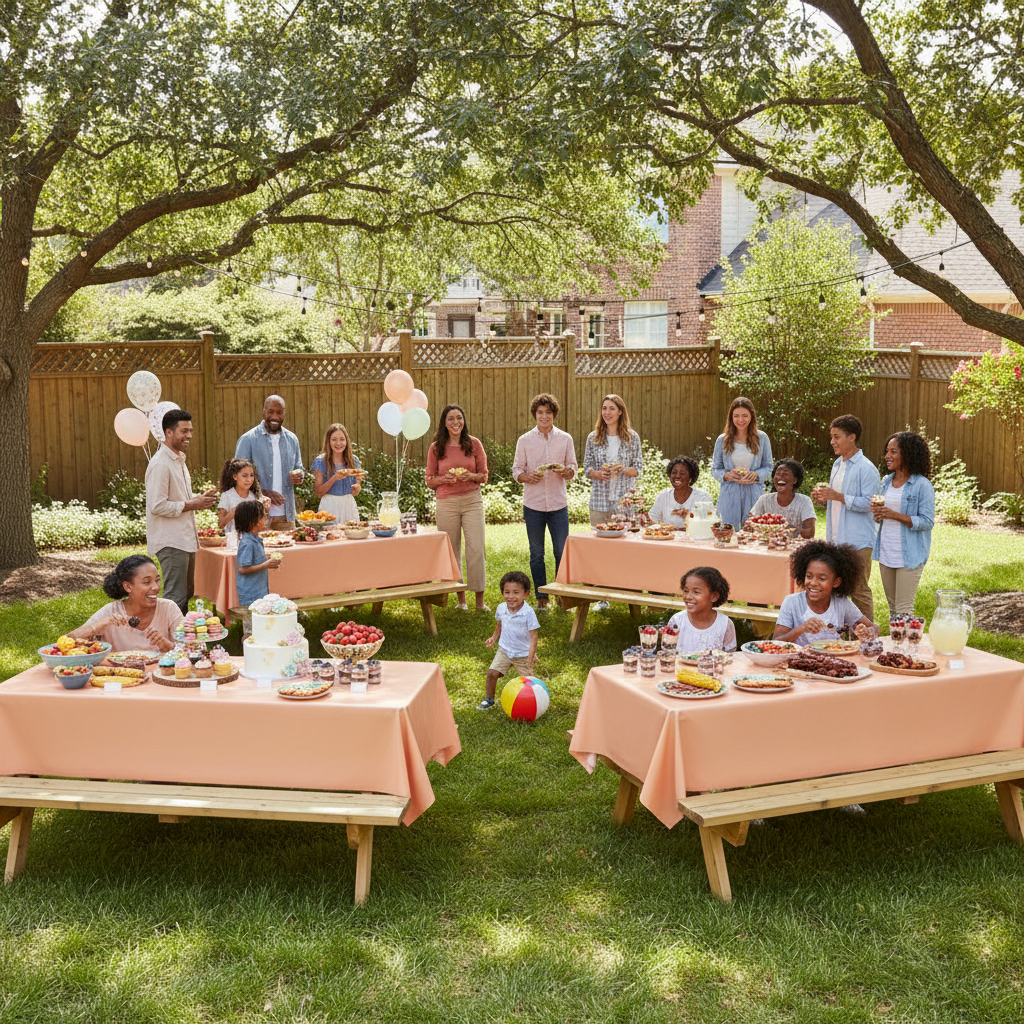 Party Paradise Store orange reusable plastic table covers on picnic tables at an outdoor garden party with guests.