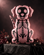 Party Paradise Store dog skeleton inflatable balloon in pink with black bone details for Halloween party decor