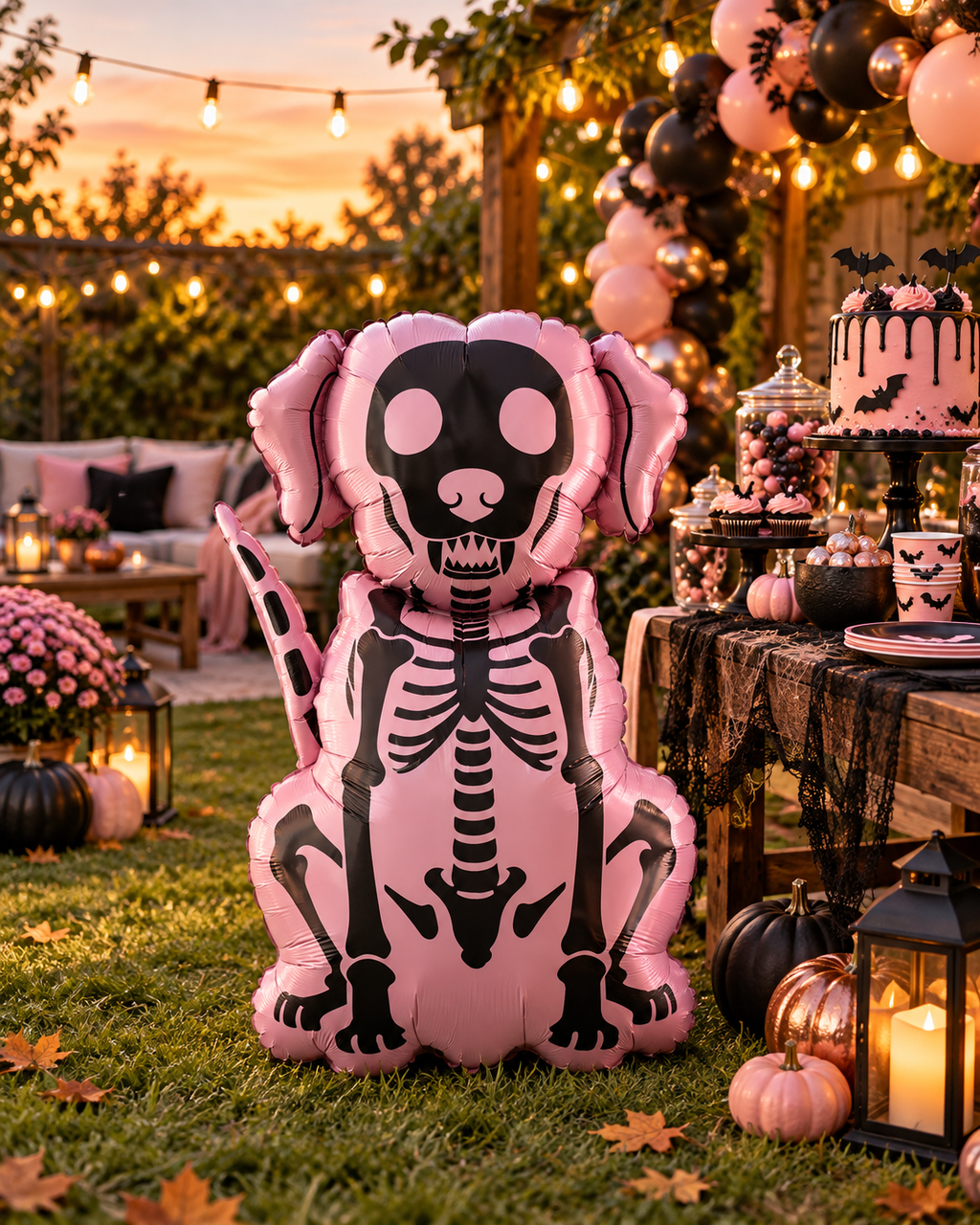 Party Paradise Store dog skeleton inflatable balloon in pink and black for Halloween yard decor
